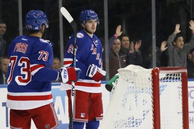 Nov 8, 2016; New York, NY, USA; New York Rangers right wing Pavel Buchnevich (89) celebrates after scoring a goal during the second period against the Vancouver Canucks at Madison Square Garden. Mandatory Credit: Anthony Gruppuso-USA TODAY Sports