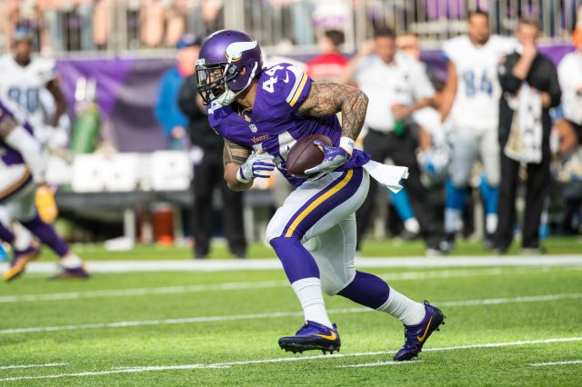 Nov 6, 2016; Minneapolis, MN, USA; Minnesota Vikings running back Matt Asiata (44) against the Detroit Lions at U.S. Bank Stadium. The Lions defeated the Vikings 22-16. Mandatory Credit: Brace Hemmelgarn-USA TODAY Sports