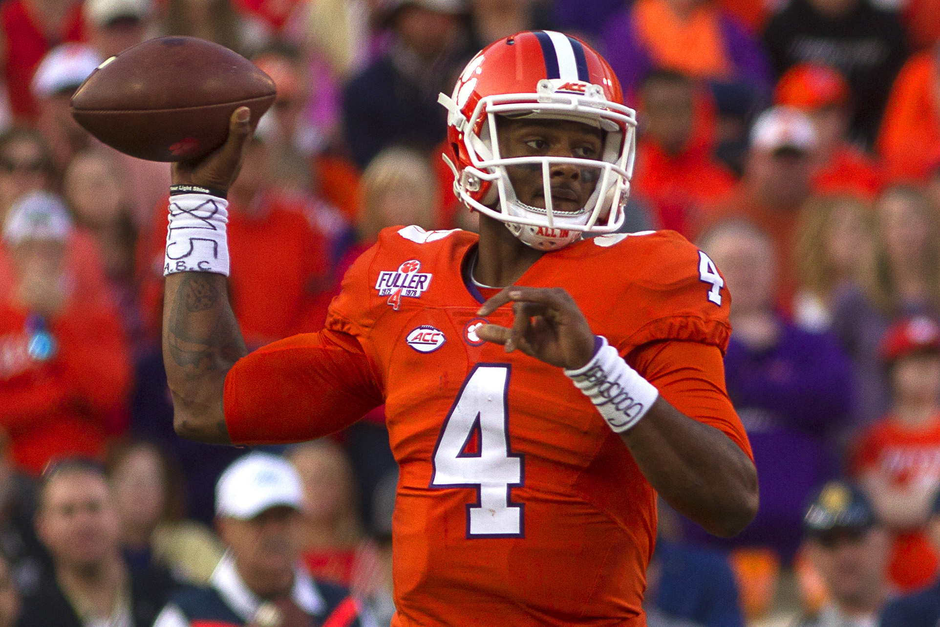 Nov 12, 2016; Clemson, SC, USA; Clemson Tigers quarterback Deshaun Watson (4) passes the ball during the first half against the Pittsburgh Panthers at Clemson Memorial Stadium. Mandatory Credit: Joshua S. Kelly-USA TODAY Sports