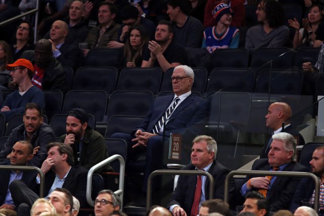 Nov 14, 2016; New York, NY, USA; New York Knicks general manager Phil Jackson sits alone as he watches the Knicks take on the Dallas Mavericks during the first half at Madison Square Garden. Mandatory Credit: Adam Hunger-USA TODAY Sports