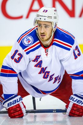 Nov 12, 2016; Calgary, Alberta, CAN; New York Rangers center Kevin Hayes (13) during the warmup period against the Calgary Flames at Scotiabank Saddledome. Mandatory Credit: Sergei Belski-USA TODAY Sports