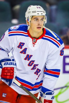 Nov 12, 2016; Calgary, Alberta, CAN; New York Rangers defenseman Brady Skjei (76) skates during the warmup period against the Calgary Flames at Scotiabank Saddledome. Mandatory Credit: Sergei Belski-USA TODAY Sports