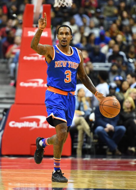 Nov 17, 2016; Washington, DC, USA; New York Knicks guard Brandon Jennings (3) dribbles the ball against the Washington Wizards during the first half at Verizon Center. Mandatory Credit: Brad Mills-USA TODAY Sports