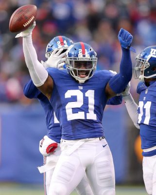 Nov 20, 2016; East Rutherford, NJ, USA; New York Giants safety Landon Collins (21) reacts after making a game-ending interception against the Chicago Bears during the fourth quarter at MetLife Stadium. Mandatory Credit: Brad Penner-USA TODAY Sports