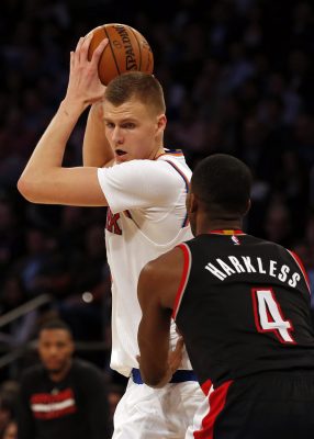 Nov 22, 2016; New York, NY, USA; New York Knicks forward Kristaps Porzingis (6) looks to drive to the basket defended by Portland Trail Blazers forward Maurice Harkless (4) during the second half at Madison Square Garden. Mandatory Credit: Adam Hunger-USA TODAY Sports