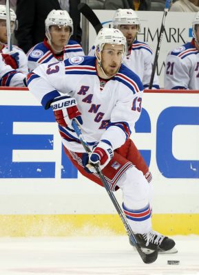 Nov 21, 2016; Pittsburgh, PA, USA; New York Rangers center Kevin Hayes (13) skates with the puck against the Pittsburgh Penguins during the second period at the PPG Paints Arena. The Rangers won 5-2. Mandatory Credit: Charles LeClaire-USA TODAY Sports