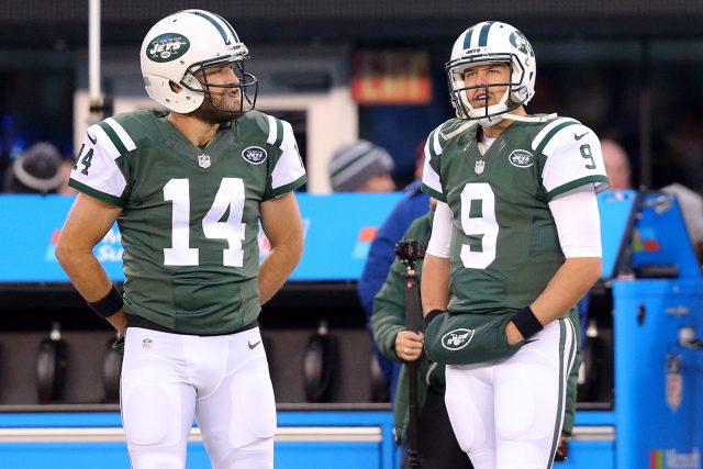 Nov 27, 2016; East Rutherford, NJ, USA; New York Jets quarterback Ryan Fitzpatrick (14) and quarterback Bryce Petty (9) during warm up prior to their game against the New England Patriots at MetLife Stadium. Mandatory Credit: Brad Penner-USA TODAY Sports