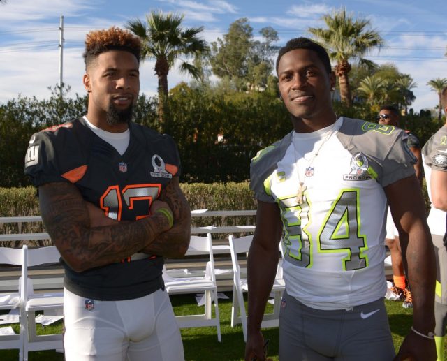 Jan 23, 2015; Phoenix, AZ, USA; New York Giants receiver Odell Beckham (13) and Pittsburgh Steelers receiver Antonio Brown (84) pose during team photos for the 2015 Pro Bowl at The Arizona Biltmore. Mandatory Credit: Kirby Lee-USA TODAY Sports