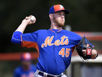 Feb 23, 2015; Port St. Lucie, FL, USA; New York Mets starting pitcher Zack Wheeler (45) throws a bullpen session during spring training at Tradition Field. Mandatory Credit: Brad Barr-USA TODAY Sports