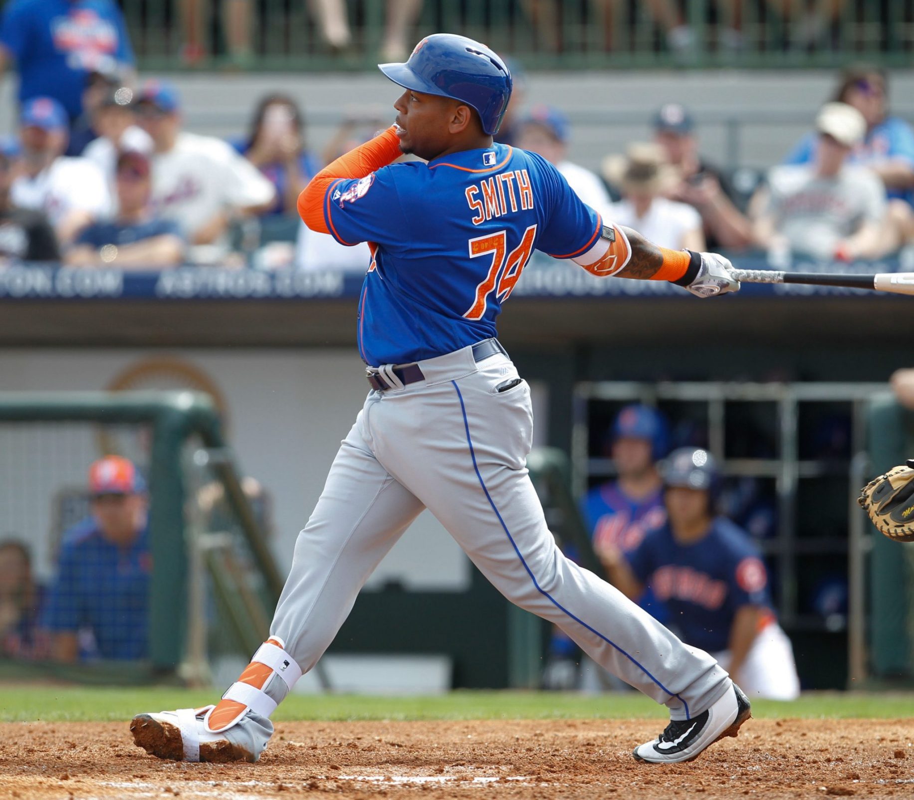 Mar 5, 2016; Kissimmee, FL, USA; New York Mets first baseman Dominic Smith (74) bats during a spring training baseball game against the Houston Astros at Osceola County Stadium. Mandatory Credit: Reinhold Matay-USA TODAY Sports