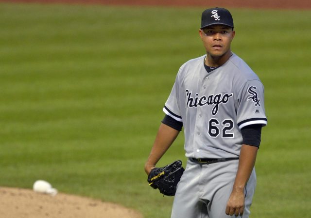 Aug 16, 2016; Cleveland, OH, USA; Chicago White Sox starting pitcher Jose Quintana (62) reacts in the third inning against the Cleveland Indians at Progressive Field. Mandatory Credit: David Richard-USA TODAY Sports