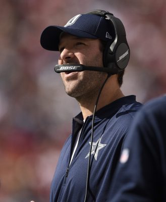 Oct 2, 2016; Santa Clara, CA, USA; Dallas Cowboys quarterback Tony Romo (9) looks on from the sideline during the third quarter against the San Francisco 49ers at Levi's Stadium. The Dallas Cowboys won 24-17. Mandatory Credit: Kelvin Kuo-USA TODAY Sports