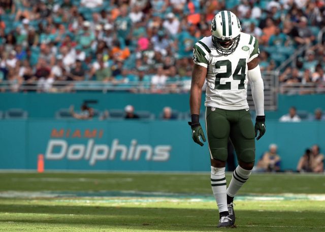 Nov 6, 2016; Miami Gardens, FL, USA; New York Jets cornerback Darrelle Revis (24) reacts during the second half against Miami Dolphins at Hard Rock Stadium. The Dolphins won 27-23. Mandatory Credit: Steve Mitchell-USA TODAY Sports