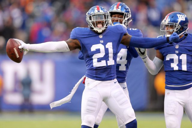 Nov 20, 2016; East Rutherford, NJ, USA; New York Giants safety Landon Collins (21) reacts after making a game-ending interception against the Chicago Bears during the fourth quarter at MetLife Stadium. Mandatory Credit: Brad Penner-USA TODAY Sports