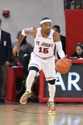 Nov 29, 2016; Queens, NY, USA;  St. John's Red Storm guard Marcus LoVett (15) drives the ball during the second half against the Delaware State Hornets at Carnesecca Arena. Delaware State Hornets won 79-72. Mandatory Credit: Anthony Gruppuso-USA TODAY Sports