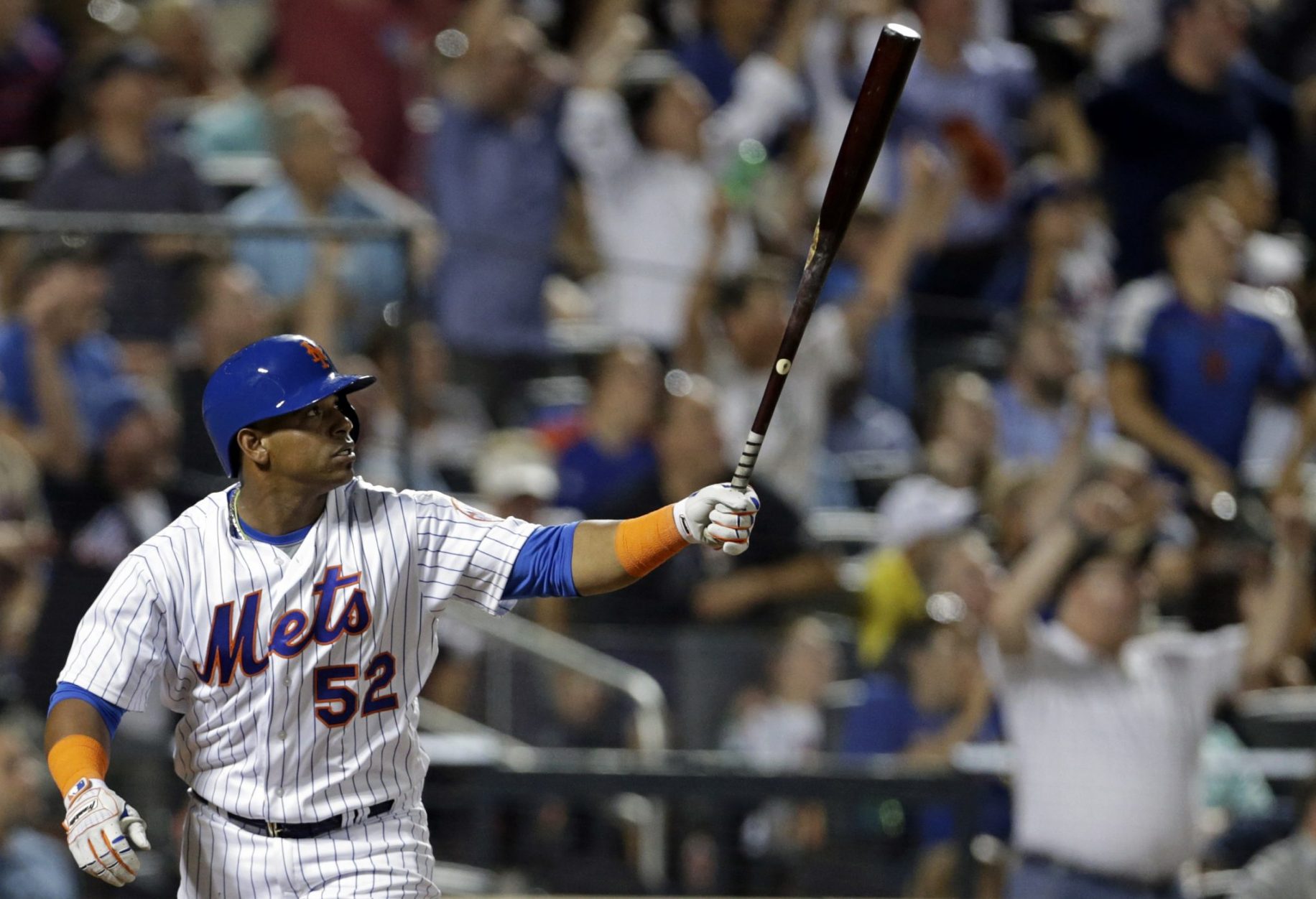 From left, New York Mets starting pitcher Bartolo Colon (40), Mets relief  pitcher Jeurys Familia (27), Mets starting pitcher Noah Syndergaard (34)  and Mets center fielder Yoenis Cespedes (52) pose with their