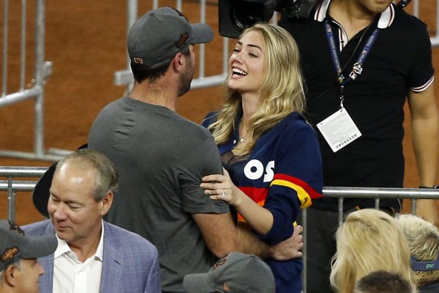 SteveinLC on X: @UniWatch Kate Upton is wearing a sweet, customized  (Verlander / 35) satin jacket during the Astros ALCS celebration on the  field at Yankee Stadium.  / X