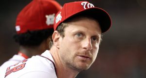WASHINGTON, DC - OCTOBER 06: Max Scherzer #31 of the Washington Nationals looks on from the dugout in the 4th inning during game one of the National League Division Series against the Chicago Cubs at Nationals Park on October 6, 2017 in Washington, DC.