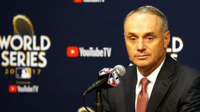 HOUSTON, TX - OCTOBER 28: Major League Baseball Commissioner Robert D. Manfred Jr. speaks to the media during a press conference prior to game four of the 2017 World Series between the Houston Astros and the Los Angeles Dodgers at Minute Maid Park on October 28, 2017 in Houston, Texas.