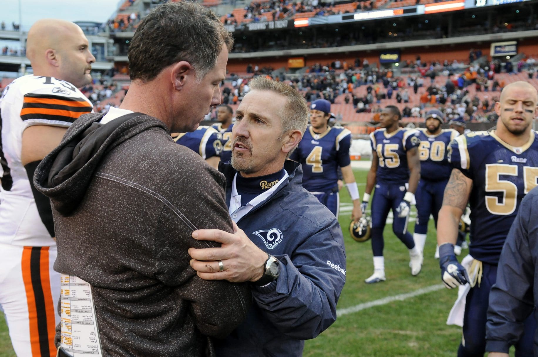 CLEVELAND, OH - NOVEMBER 13: Head coach Pat Shurmur of the Cleveland Browns congratulates head coach Steve Spagnuolo of the St. Louis Rams after the Rams defeated the Browns 13-12 at Cleveland Browns Stadium on November 13, 2011 in Cleveland, Ohio. The Rams defeated the Browns 13-12.