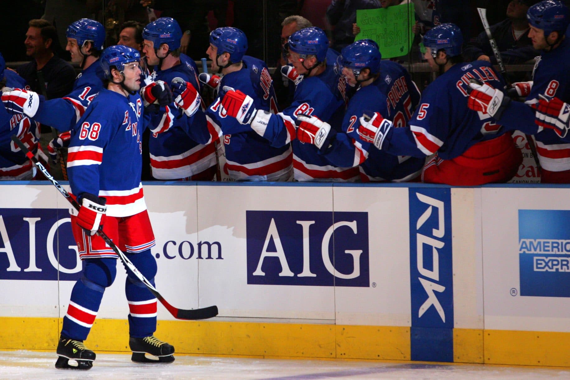 Jaromir Jagr celebrates goal as a Ranger