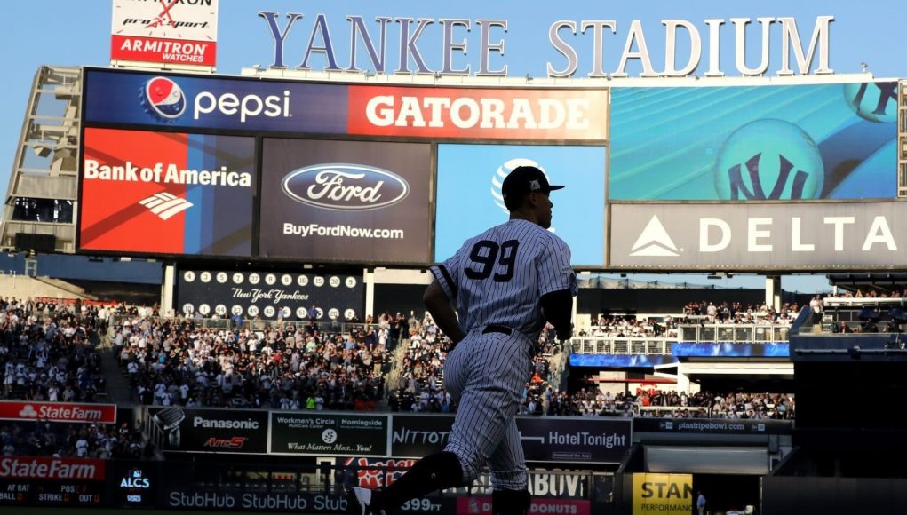 Aaron Judge takes the field at Yankee Stadium