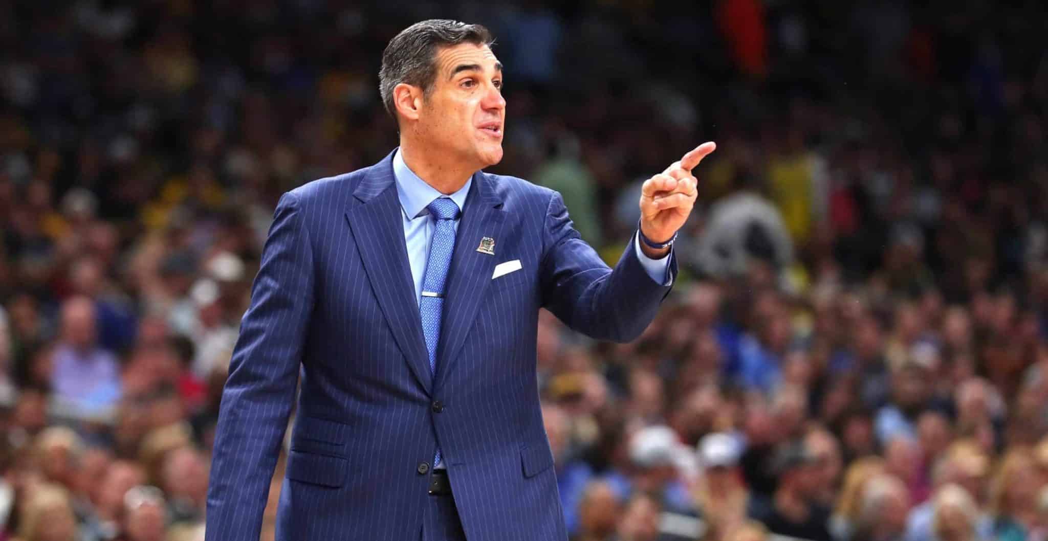 SAN ANTONIO, TX - APRIL 02: Head coach Jay Wright of the Villanova Wildcats reacts against the Michigan Wolverines in the second half during the 2018 NCAA Men's Final Four National Championship game at the Alamodome on April 2, 2018 in San Antonio, Texas. The Villanova Wildcats defeated the Michigan Wolverines 79-62.
