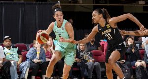 WHITE PLAINS, NY - JUNE 13: Kia Nurse #5 of the New York Liberty handles the ball against the Las Vegas Aces on June 13, 2018 at Westchester County Center in White Plains, New York. NOTE TO USER: User expressly acknowledges and agrees that, by downloading and or using this photograph, User is consenting to the terms and conditions of the Getty Images License Agreement. Mandatory Copyright Notice: Copyright 2018 NBAE