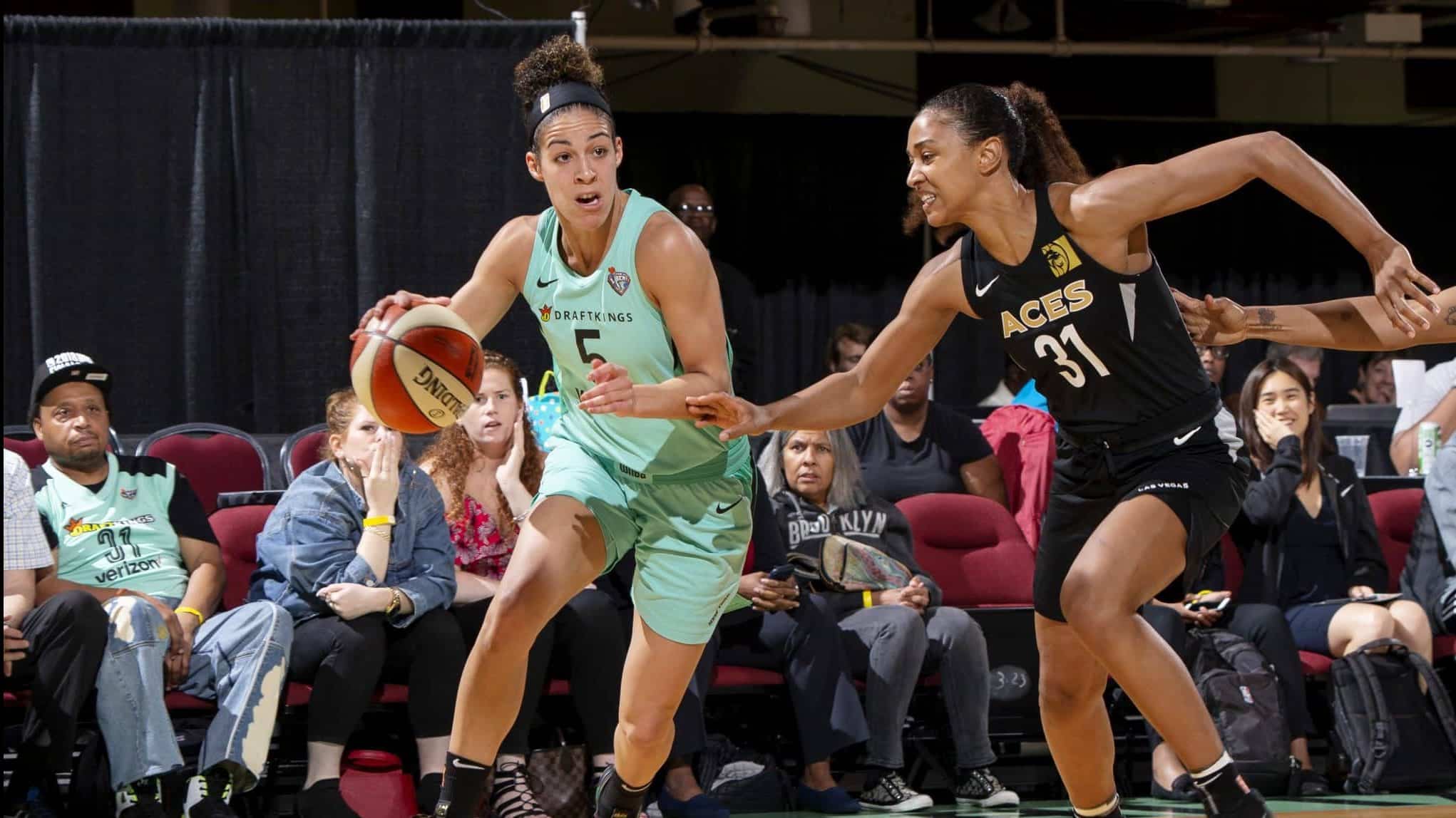 WHITE PLAINS, NY - JUNE 13: Kia Nurse #5 of the New York Liberty handles the ball against the Las Vegas Aces on June 13, 2018 at Westchester County Center in White Plains, New York. NOTE TO USER: User expressly acknowledges and agrees that, by downloading and or using this photograph, User is consenting to the terms and conditions of the Getty Images License Agreement. Mandatory Copyright Notice: Copyright 2018 NBAE
