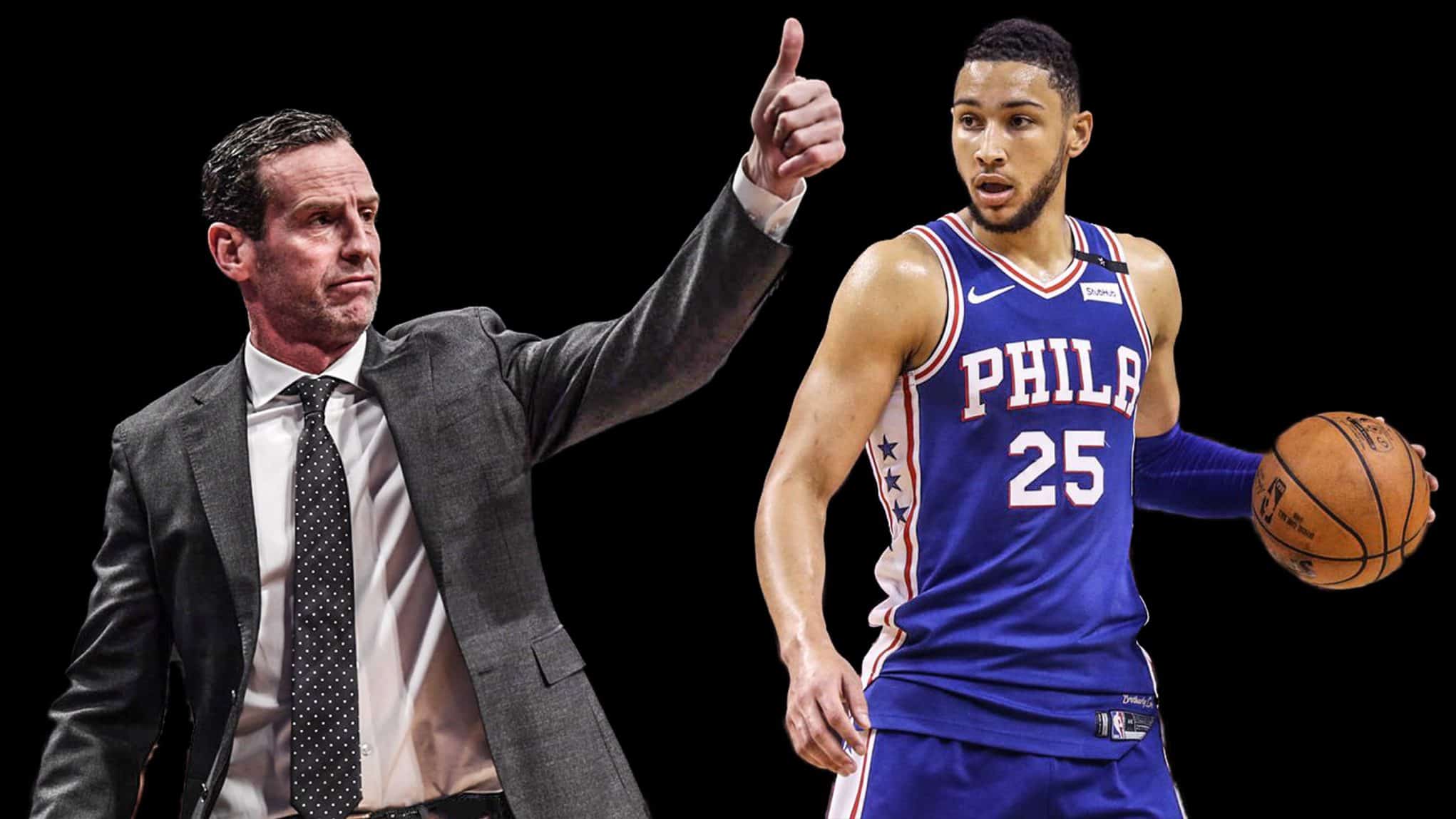 Brooklyn Nets guard D' Angelo Russell, center, shoots over Philadelphia  76ers guard Ben Simmons, during the first half game between the  Philadelphia 76ers and the Brooklyn Nets in Game 3 of their