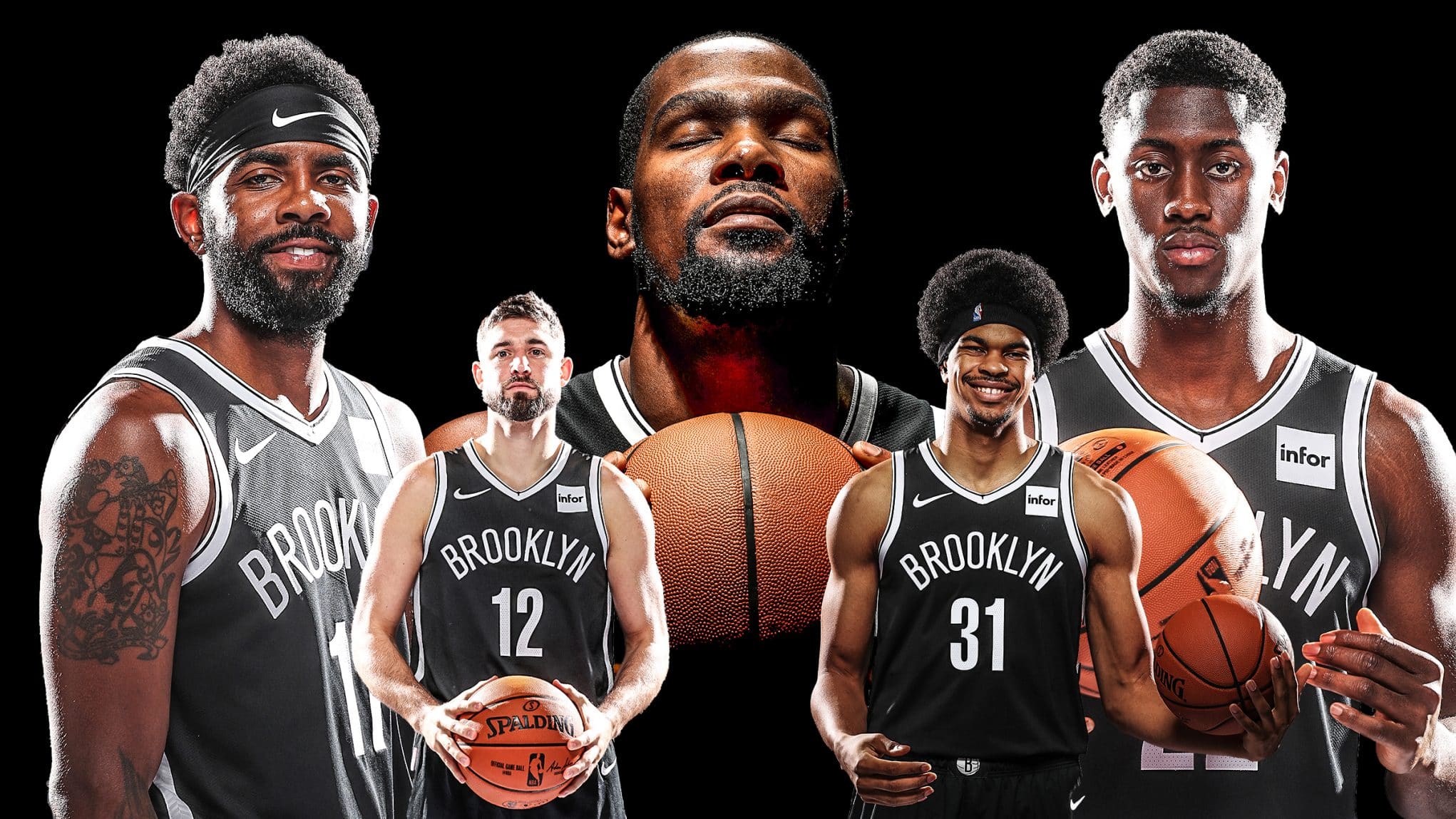 Kyrie Irving, Joe Harris, Kevin Durant, Jarrett Allen, Caris LeVert