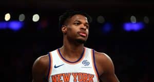 NEW YORK, NEW YORK - OCTOBER 26: Dennis Smith Jr. #5 of the New York Knicks looks on during their game against the Boston Celtics at Madison Square Garden on October 26, 2019 in New York City.