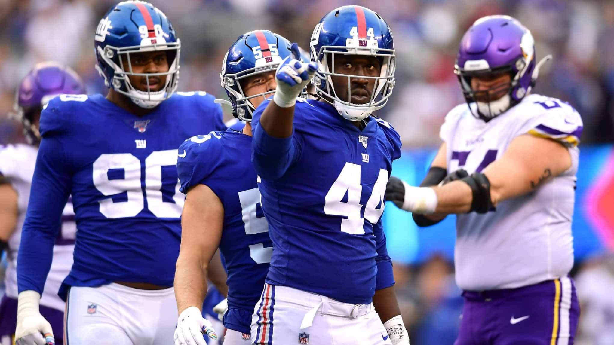 EAST RUTHERFORD, NEW JERSEY - OCTOBER 06: Markus Golden #44 of the New York Giants reacts in the third quarter during their game against the Minnesota Vikings at MetLife Stadium on October 06, 2019 in East Rutherford, New Jersey.