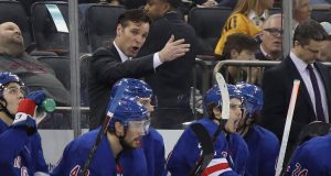 NEW YORK, NEW YORK - MARCH 25: Head coach David Quinn of the New York Rangers speaks to his players during the second period against the Pittsburgh Penguins at Madison Square Garden on March 25, 2019 in New York City.