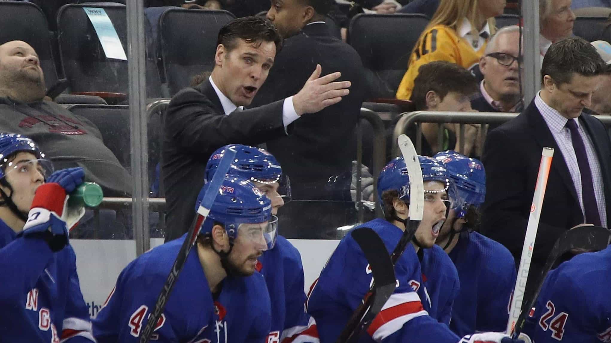 NEW YORK, NEW YORK - MARCH 25: Head coach David Quinn of the New York Rangers speaks to his players during the second period against the Pittsburgh Penguins at Madison Square Garden on March 25, 2019 in New York City.