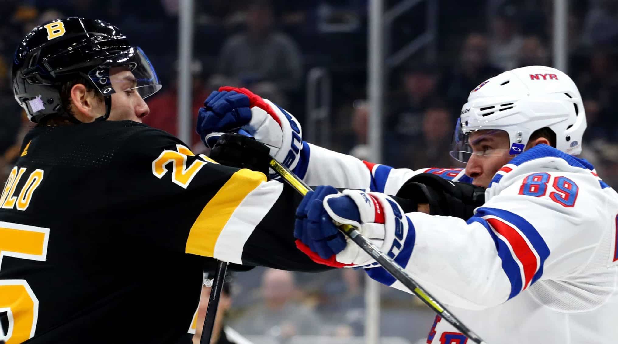Pavel Buchnevich and Brandon Carlo get in a tussle in the Boston Bruins 3-2 overtime victory over the New York Rangers.
