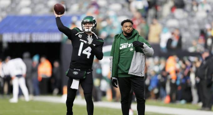 New York Jets quarterback Sam Darnold (14) warms up next to New York Jets strong safety Jamal Adams before an NFL football game against the Miami Dolphins, Sunday, Dec. 8, 2019, in East Rutherford, N.J.