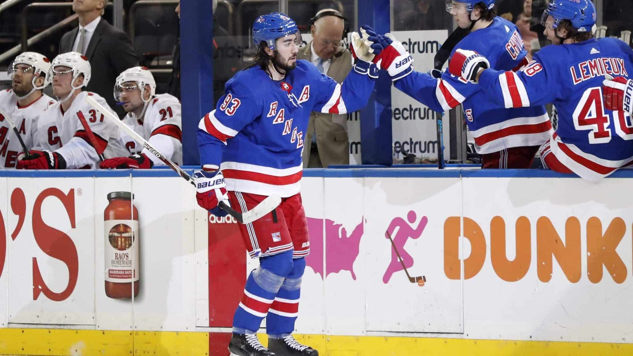 New York Rangers center Mika Zibanejad (93) is congratulated after he scored during the first period of the team's NHL hockey game against the Carolina Hurricanes, Friday, Dec. 27, 2019, in New York.