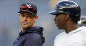 NEW YORK, NY - APRIL 6: Manager Aaron Boone #17 of the New York Yankees talks with Didi Gregorius #18 of the New York Yankees during batting practice prior to taking on the Baltimore Orioles at Yankee Stadium on April 6, 2018 in the Bronx borough of New York City.