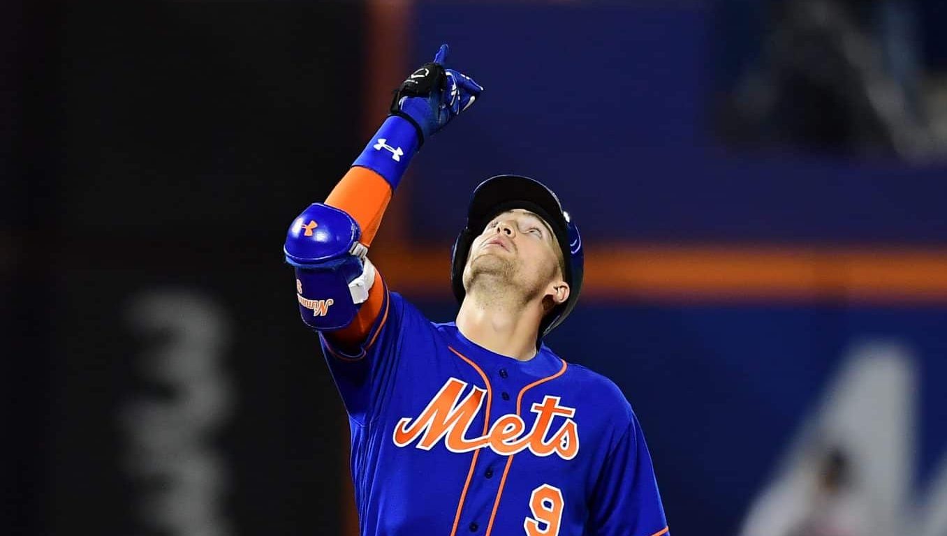 NEW YORK, NEW YORK - SEPTEMBER 27: Brandon Nimmo #9 of the New York Mets celebrates a double in the sixth inning of their game against the Atlanta Braves at Citi Field on September 27, 2019 in the Flushing neighborhood of the Queens borough of New York City.
