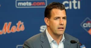 NEW YORK, NEW YORK - MAY 20: New York Mets general manager Brodie Van Wagenen answers questions during a press conference before the game between the New York Mets and the Washington Nationals at Citi Field on May 20, 2019 in the Flushing neighborhood of the Queens borough of New York City.