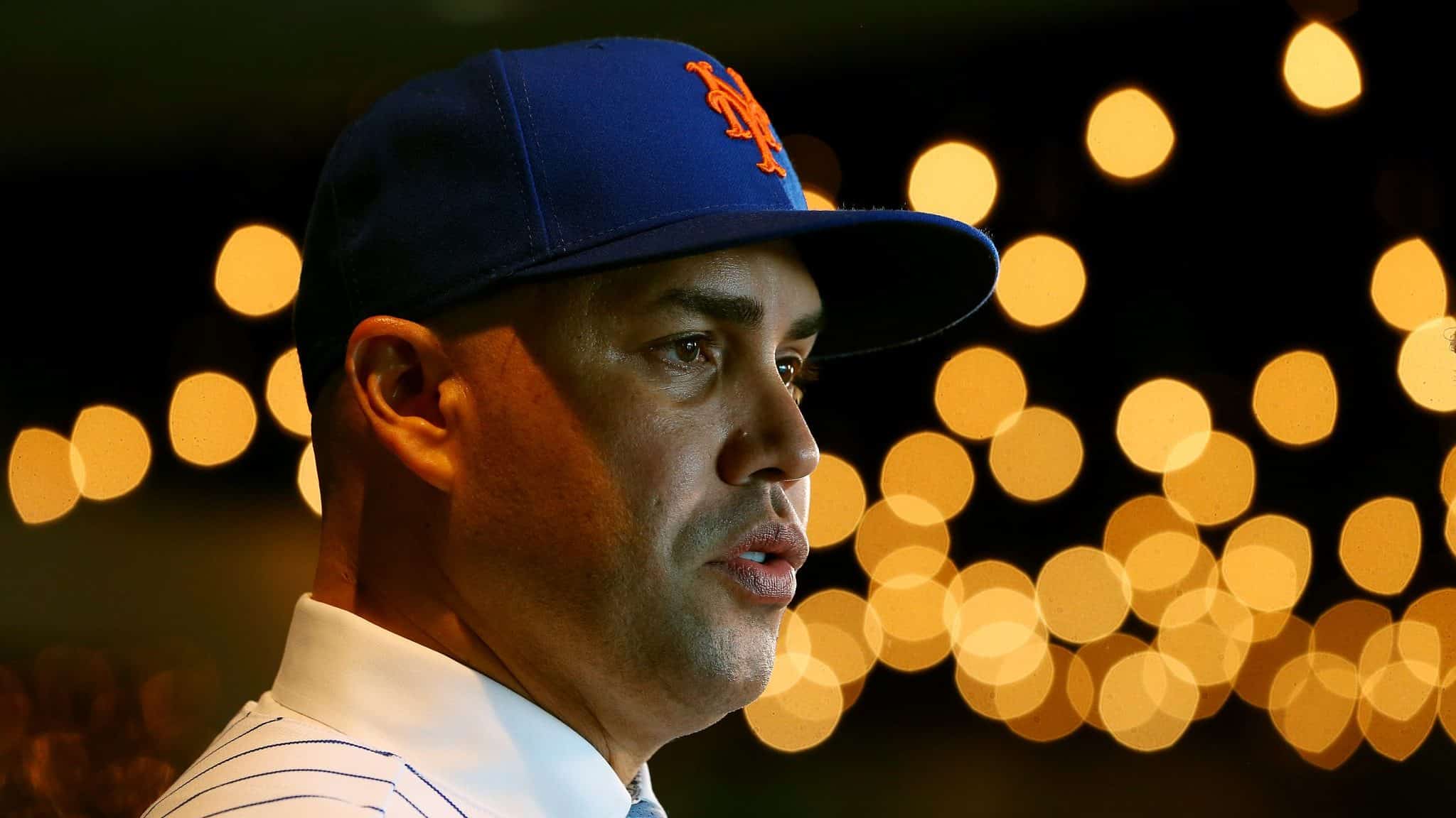 NEW YORK, NY - NOVEMBER 04: Carlos Beltran talks to the media after being introduced by as the manager of the New York Mets during a press conference at Citi Field on November 4, 2019 in New York City.