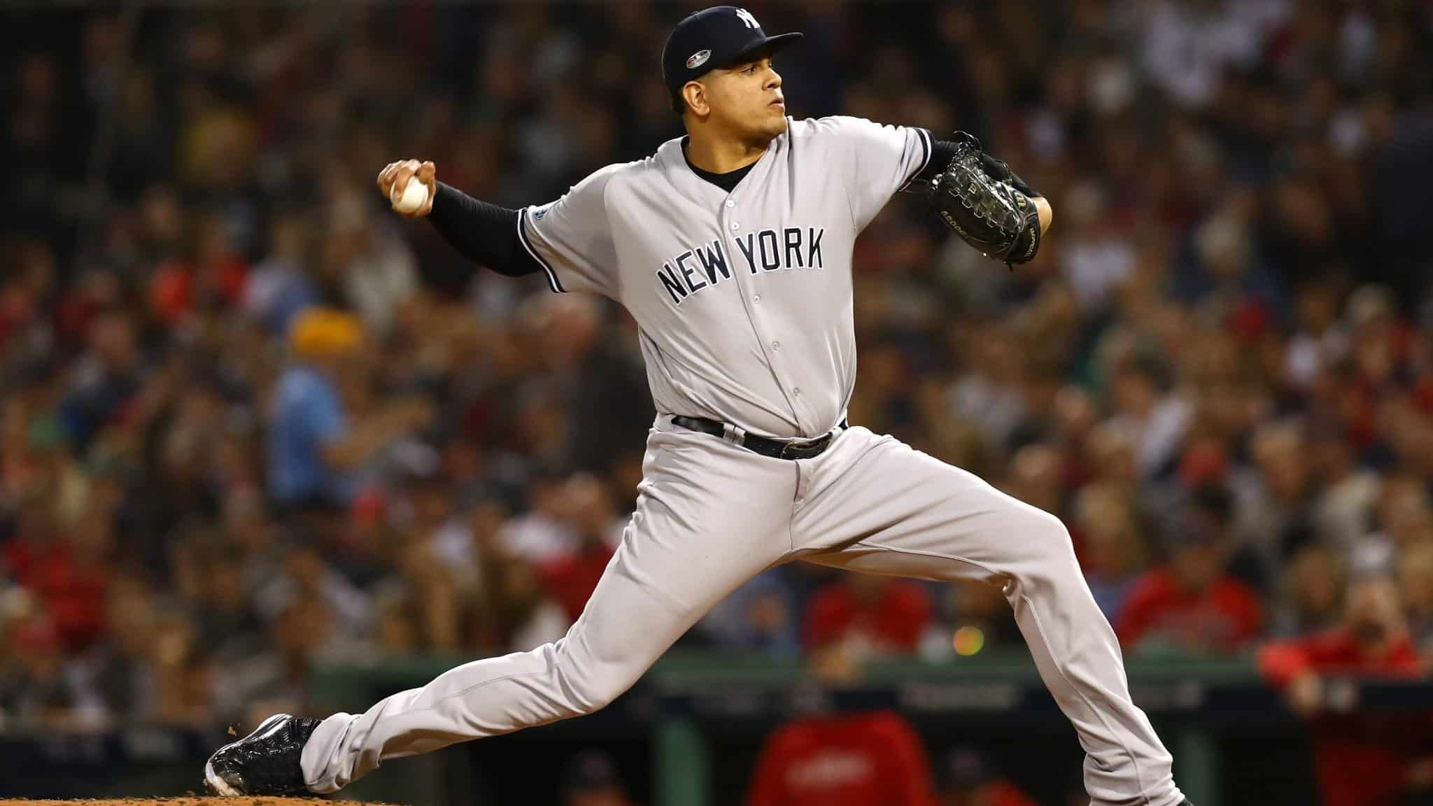 BOSTON, MA - OCTOBER 06: Pitcher Dellin Betances #68 of the New York Yankees pitches during the sixth inning of Game Two of the American League Division Series against the Boston Red Sox at Fenway Park on October 6, 2018 in Boston, Massachusetts.