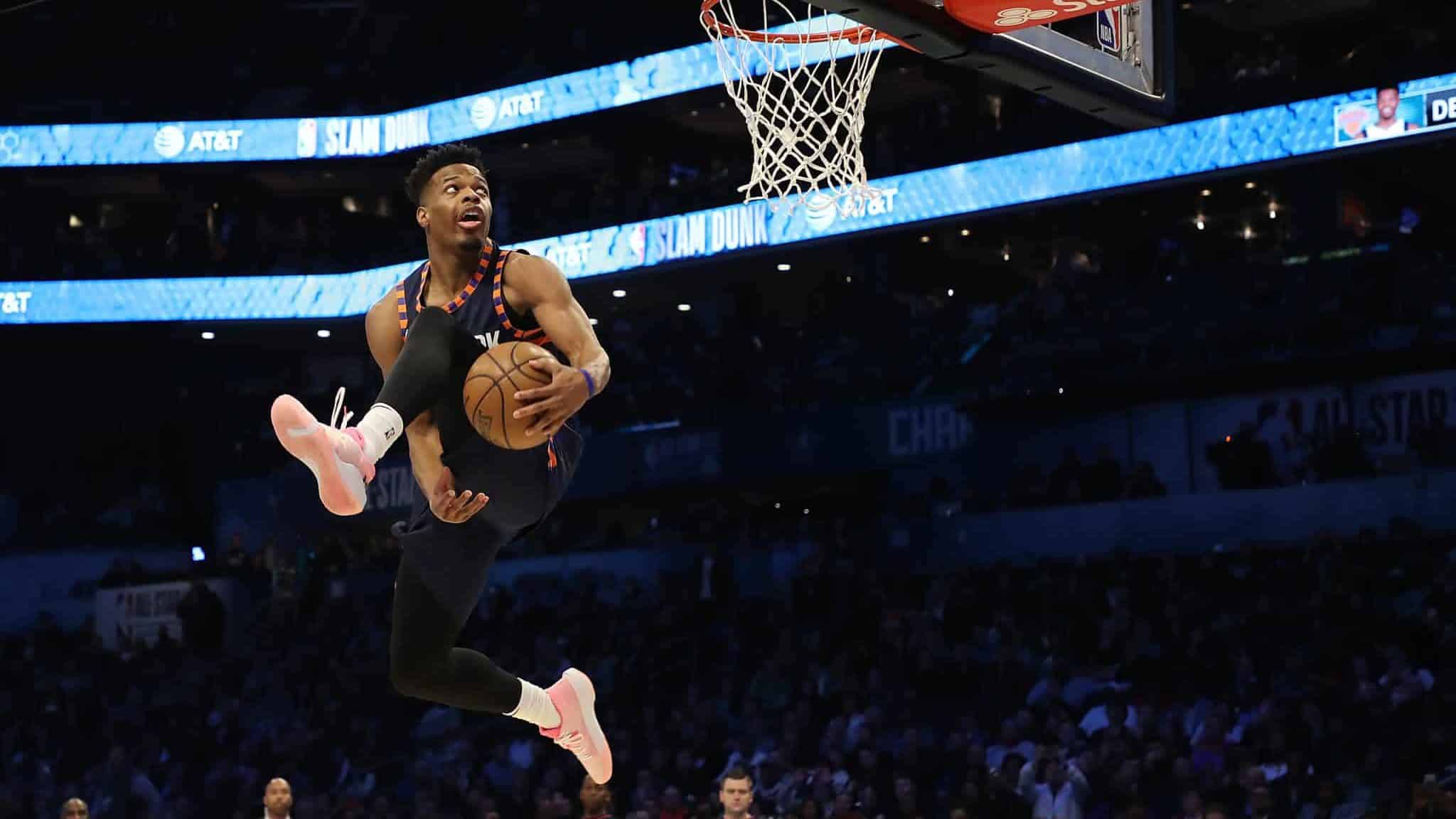 CHARLOTTE, NORTH CAROLINA - FEBRUARY 16: Dennis Smith, Jr. #5 of the New York Knicks goes up for a dunk during the AT&T Slam Dunk as part of the 2019 NBA All-Star Weekend at Spectrum Center on February 16, 2019 in Charlotte, North Carolina.