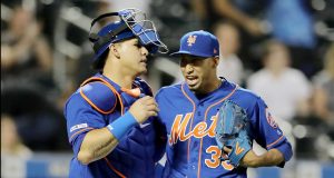 NEW YORK, NEW YORK - MAY 20: Wilson Ramos #40 and Edwin Diaz #39 of the New York Mets celebrate the win over the Washington Nationals at Citi Field on May 20, 2019 in the Flushing neighborhood of the Queens borough of New York City.The New York Mets defeated the Washington Nationals 5-3.
