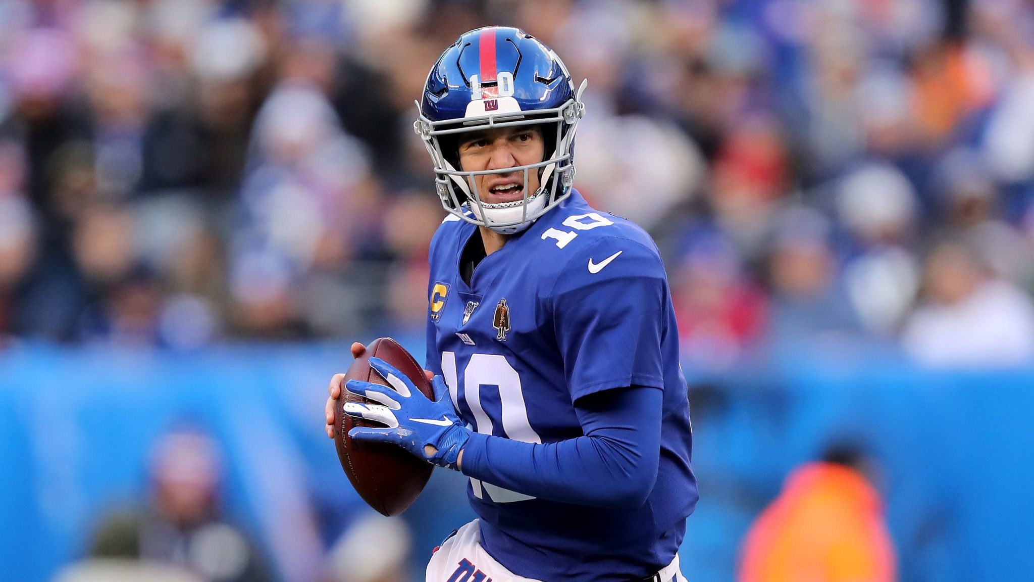 EAST RUTHERFORD, NEW JERSEY - DECEMBER 15: Eli Manning #10 of the New York Giants looks to pass the ball to Sterling Shepard #87 for the first down in the third quarter against the Miami Dolphins at MetLife Stadium on December 15, 2019 in East Rutherford, New Jersey.