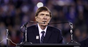 EAST RUTHERFORD, NJ - NOVEMBER 14: 2016 Giants Ring of Honor Inductee Ernie Accorsi speaks during the halftime ceremony of the game between the Cincinnati Bengals and the New York Giants at MetLife Stadium on November 14, 2016 in East Rutherford, New Jersey.