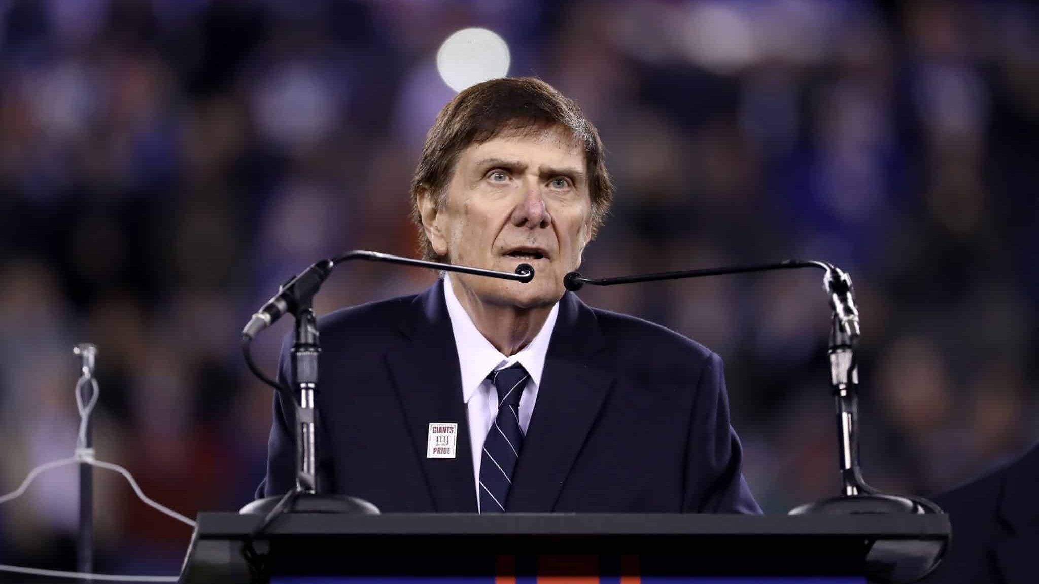 EAST RUTHERFORD, NJ - NOVEMBER 14: 2016 Giants Ring of Honor Inductee Ernie Accorsi speaks during the halftime ceremony of the game between the Cincinnati Bengals and the New York Giants at MetLife Stadium on November 14, 2016 in East Rutherford, New Jersey.