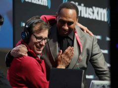 ATLANTA, GEORGIA - JANUARY 31: Chris Russo and Stephen A. Smith attend SiriusXM at Super Bowl LIII Radio Row on January 31, 2019 in Atlanta, Georgia.