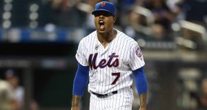 NEW YORK, NEW YORK - AUGUST 09: Marcus Stroman #7 of the New York Mets reacts after striking out Trea Turner #7 of the Washington Nationals to end the top of the third inning at Citi Field on August 09, 2019 in New York City.